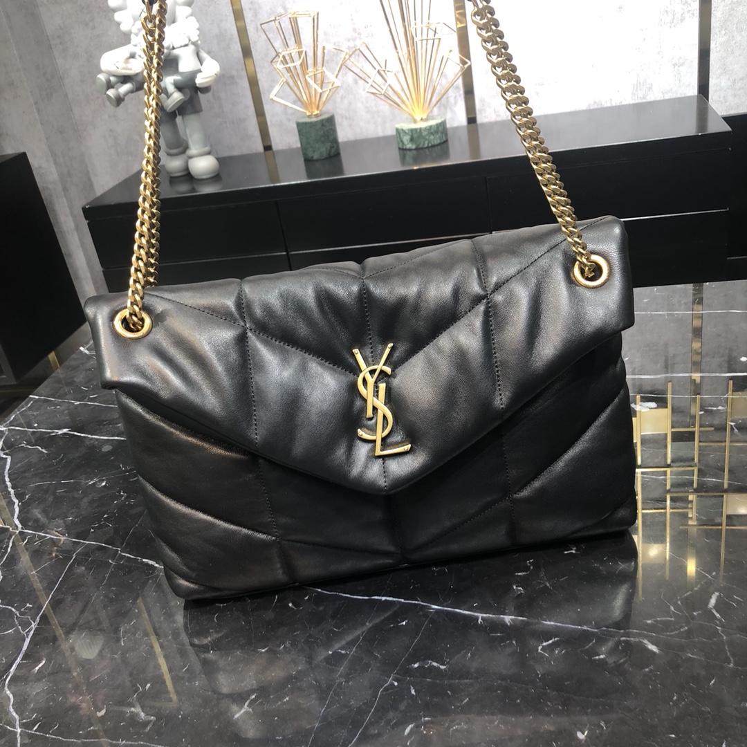 Saint Laurent Loulou Puffer Lambskin Shoulder Bag Handbag Black 577475 Gold